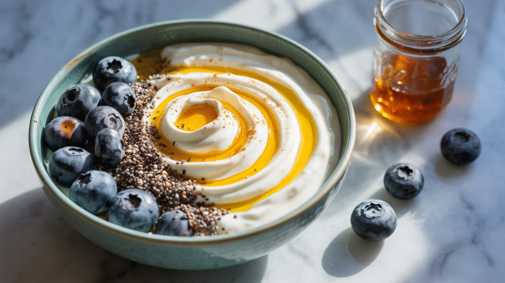 greek yogurt bowl with turmeric and blueberries